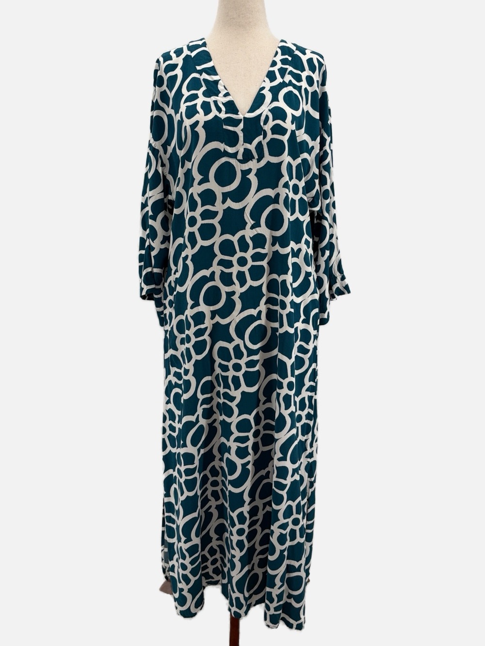 Natori Geometric Floral Caftan Maxi Dress Teal White Size Small